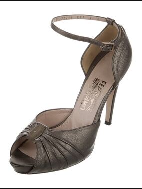 Salvatore Ferragamo Metallic Taupe Peep-Toe Ankle-Strap Stilettos